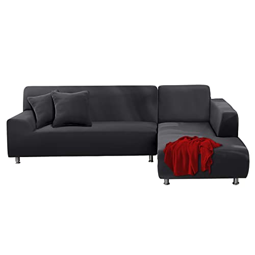 FIGOOO Sofabezug Ecksofa L Form Links Rechts Stretch Sofa Überwürfe 2er mit 2 Stück Kissenbezug Abnehmbarer Universal Elastische Couchbezug Sofahusse L Shaped (2 Sitzer+3 Sitzer,Dunkelgrau) von FIGOOO