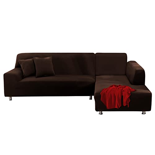 FIGOOO Sofabezug Ecksofa L Form Links Rechts Stretch Sofa Überwürfe 2er mit 2 Stück Kissenbezug Abnehmbarer Universal Elastische Couchbezug Sofahusse L Shaped (3 Sitzer+3 Sitzer,Dunkelbraun) von FIGOOO