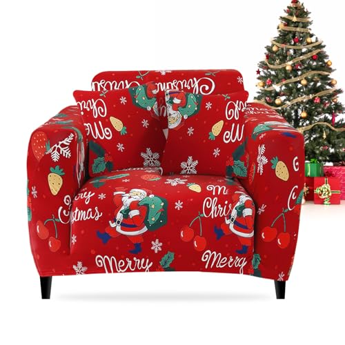 FIGOOO Sofabezug Weihnachten 1 Sitzer Stretch Sofabezüge mit Armlehnen Spandex Couchbezug Christmas Anti-Rutsch Waschbar Sofa Protection Cover Schonbezug Couch(1-Sitzer,Kirsche) von FIGOOO