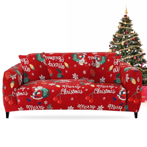 FIGOOO Sofabezug Weihnachten 3 Sitzer Stretch Sofabezüge mit Armlehnen Spandex Couchbezug Christmas Anti-Rutsch Waschbar Sofa Protection Cover Schonbezug Couch(3-Sitzer,Kirsche) von FIGOOO