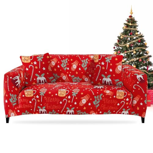 FIGOOO Sofabezug Weihnachten 3 Sitzer Stretch Sofabezüge mit Armlehnen Spandex Couchbezug Christmas Anti-Rutsch Waschbar Sofa Protection Cover Schonbezug Couch(3-Sitzer,Süßwaren Fäustling) von FIGOOO