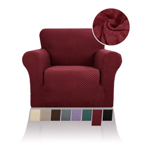 FIGOOO Stretch Sofabezug 1 Sitzer Sofa überzug Schachbrettmuster Jacquard Elastisch Waschbar Sofahusse mit Armlehnen Einfarbig Protector für Hunde,Bordeaux von FIGOOO