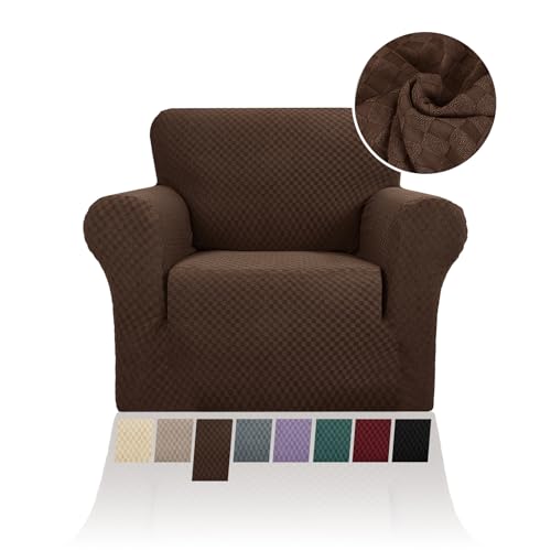 FIGOOO Stretch Sofabezug 1 Sitzer Sofa überzug Schachbrettmuster Jacquard Elastisch Waschbar Sofahusse mit Armlehnen Einfarbig Protector für Hunde,Kaffee von FIGOOO