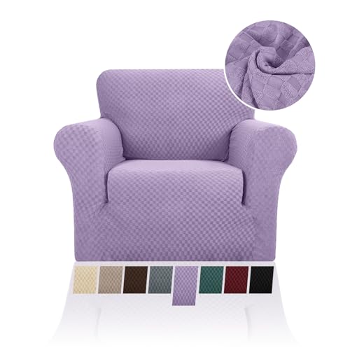 FIGOOO Stretch Sofabezug 1 Sitzer Sofa überzug Schachbrettmuster Jacquard Elastisch Waschbar Sofahusse mit Armlehnen Einfarbig Protector für Hunde,Lila von FIGOOO