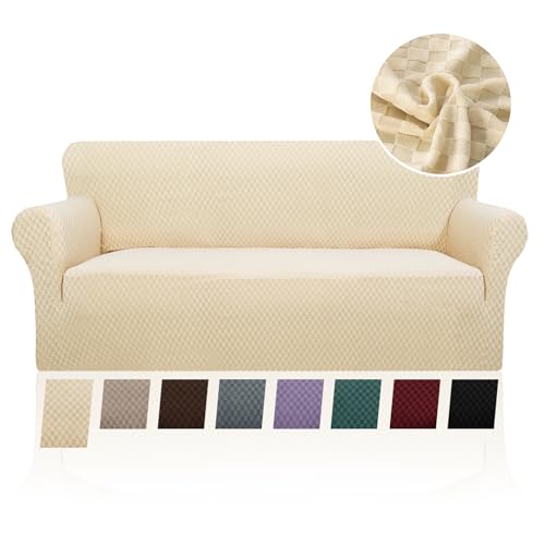 FIGOOO Stretch Sofabezug 2 Sitzer Sofa überzug Schachbrettmuster Jacquard Elastisch Waschbar Sofahusse mit Armlehnen Einfarbig Protector für Hunde,Beige von FIGOOO