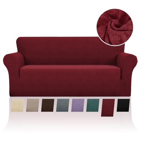 FIGOOO Stretch Sofabezug 2 Sitzer Sofa überzug Schachbrettmuster Jacquard Elastisch Waschbar Sofahusse mit Armlehnen Einfarbig Protector für Hunde,Bordeaux von FIGOOO