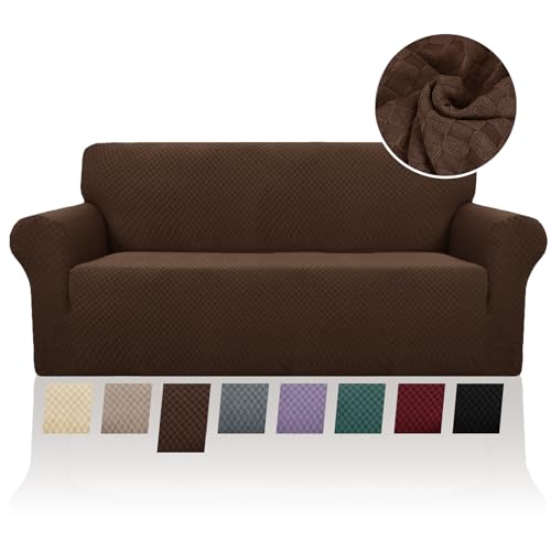 FIGOOO Stretch Sofabezug 2 Sitzer Sofa überzug Schachbrettmuster Jacquard Elastisch Waschbar Sofahusse mit Armlehnen Einfarbig Protector für Hunde,Kaffee von FIGOOO