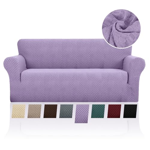 FIGOOO Stretch Sofabezug 2 Sitzer Sofa überzug Schachbrettmuster Jacquard Elastisch Waschbar Sofahusse mit Armlehnen Einfarbig Protector für Hunde,Lila von FIGOOO