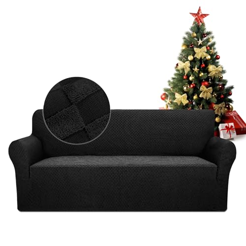 FIGOOO Stretch Sofabezug 3 Sitzer Sofa überzug Schachbrettmuster Jacquard Elastisch Waschbar Sofahusse mit Armlehnen Einfarbig Protector für Hunde,Schwarz von FIGOOO