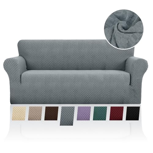 FIGOOO Stretch Sofabezug 4 Sitzer Sofa überzug Schachbrettmuster Jacquard Elastisch Waschbar Sofahusse mit Armlehnen Einfarbig Protector für Hunde,Grau von FIGOOO