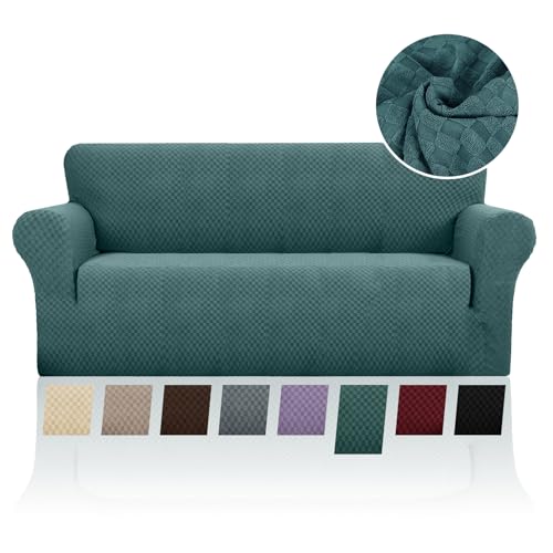 FIGOOO Stretch Sofabezug 4 Sitzer Sofa überzug Schachbrettmuster Jacquard Elastisch Waschbar Sofahusse mit Armlehnen Einfarbig Protector für Hunde,Grün von FIGOOO