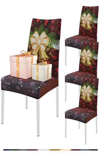 FIGOOO Stuhlhussen Weihnachten 4er Set Stretch Stuhlhussen für Esszimmerstühle Elastisch Moderne Universal Xmas Stuhlbezug für Weihnachtstag Party Festlich(Glöckchen,4er Set) von FIGOOO