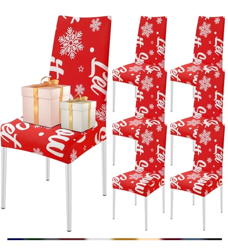 FIGOOO Stuhlhussen Weihnachten 6er Set Stretch Stuhlhussen für Esszimmerstühle Elastisch Moderne Universal Xmas Stuhlbezug für Weihnachtstag Party Festlich(Wörter Schneeflocken,6er Set) von FIGOOO