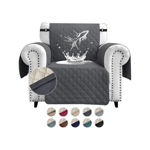 FIGOOO wasserdichte Sofabezug 1 Sitzer Dicke Sofaschoner Wasserdicht Gesteppte Sofa Überzug mit Seitentaschen Sofaüberwurf rutschfest Kratzfest für Haustiere Hunde Katzen,Dunkelgrau von FIGOOO