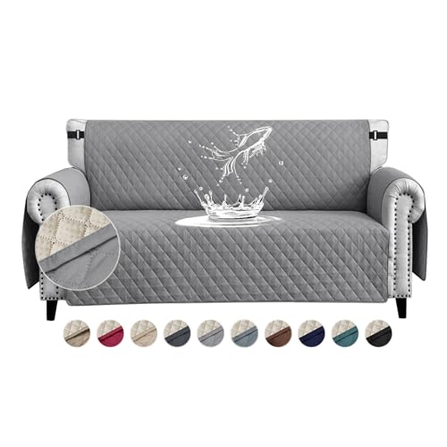 FIGOOO wasserdichte Sofabezug 2 Sitzer Dicke Sofaschoner Wasserdicht Gesteppte Sofa Überzug mit Seitentaschen Sofaüberwurf rutschfest Kratzfest für Haustiere Hunde Katzen,Blassgrau von FIGOOO