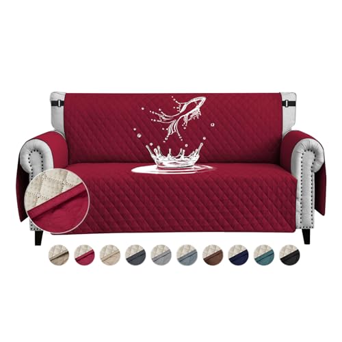 FIGOOO wasserdichte Sofabezug 2 Sitzer Dicke Sofaschoner Wasserdicht Gesteppte Sofa Überzug mit Seitentaschen Sofaüberwurf rutschfest Kratzfest für Haustiere Hunde Katzen,Weinrot von FIGOOO