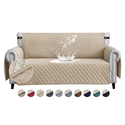 FIGOOO wasserdichte Sofabezug 3 Sitzer Dicke Sofaschoner Wasserdicht Gesteppte Sofa Überzug mit Seitentaschen Sofaüberwurf rutschfest Kratzfest für Haustiere Hunde Katzen,Beige von FIGOOO