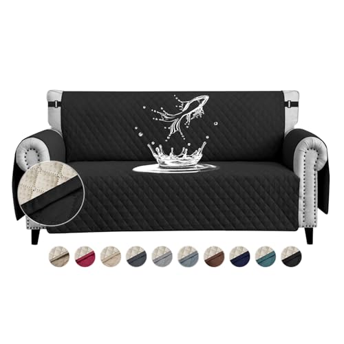 FIGOOO wasserdichte Sofabezug 3 Sitzer Dicke Sofaschoner Wasserdicht Gesteppte Sofa Überzug mit Seitentaschen Sofaüberwurf rutschfest Kratzfest für Haustiere Hunde Katzen,Schwarz von FIGOOO