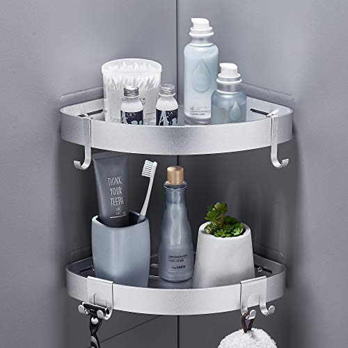 FIISAYL Duschablage Ohne Bohren Duschregal Ecke Badezimmer Organizer Badregal Duschkorb, Dusche eckregal mit 4 Haken Raumfahrt Aluminium Wandmontage Silber, 2 Stück von FIISAYL