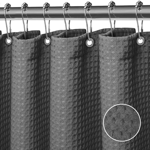 FIISAYL Waffel Duschvorhang Shower Curtains mit Magnet Waschbar Textil Polyester Stoff Bad Vorhang mit 12 Duschvorhangringe Wasserdicht für Dusche und Badewanne 90 x 183 cm(Dunkelgrau) von FIISAYL