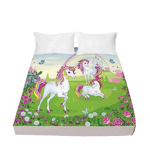 Einhorn Spannbettlaken 90x200,Mädchen Einhorn Spannbetttuch,Bettlaken Mikrofaser Für Kinder Mädchen Pferd,matratzenbezug Deko Für Zimmer (B,120 x 200 cm) von FIKUP