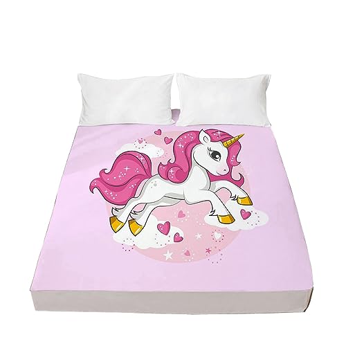 Mädchen Einhorn Spannbettlaken 90x200cm Rosa Regenbogen Einhorn Spannbetttuch Karikatur Pferd Bettlaken Für Kinder,Kissenbezug (B,120 x 200 cm) von FIKUP