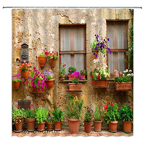 FILMILIL Duschvorhang im Bauernhof-Stil, Garten, Topf, italienische Grünpflanzen, Vintage-Fenster, 3D-Druck, mediterrane Griechenland-Szene, Badezimmer-Dekoration, Polyestergewebe mit Haken (228 x 178 von FILMILIL