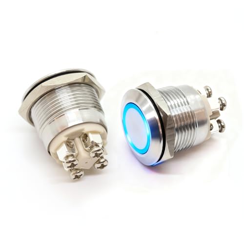 FILN 2pcs,19mm Schraubmontage,beleuchteter Druckknopf-Ringschalter,16A Industrieschalter, Spannung 12–24V, Schutzart IP65, für den Einsatz in Automobil-, Schiffs- und Industrieausrüstung.Blau von FILN