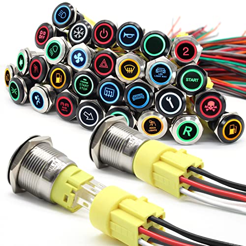 FILN 2stück 19mm(3/8") Metalldruckschalter Automobil Boot Marine Autoschalter Rot Grün Gelb Blau Weiß 12V LED IP67 wasserdicht mit Momentan Verriegelung(Rostfreier Stahl-Momentan,rotWeiß-2stück) von FILN