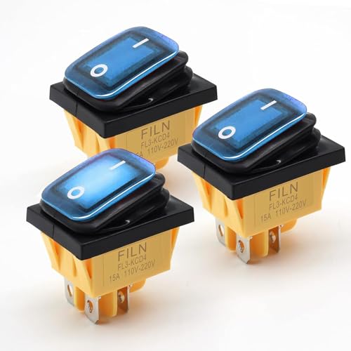 FILN 3Pcs 4 Pin Boot Marine Wasserdicht Ein Aus DPST Kippschalter Kippschalter 15A Heavy Duty 120V 220V LED Beleuchtet(220V, Wasserdicht KCD4 Blau-3) von FILN