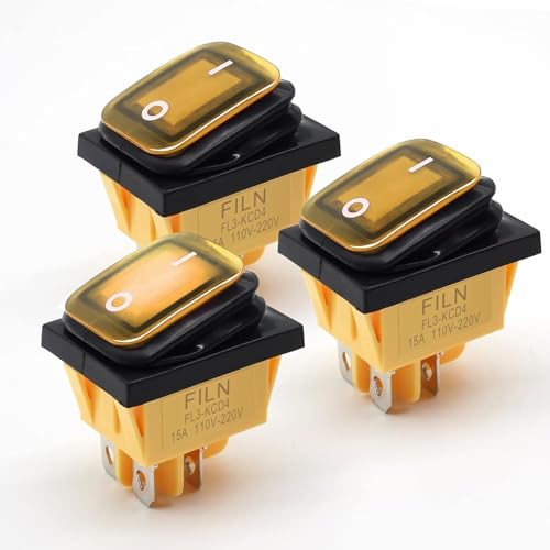 FILN 3Pcs 4 Pin Boot Marine Wasserdicht Ein Aus DPST Kippschalter Kippschalter 15A Heavy Duty 120V 220V LED Beleuchtet(220V, Wasserdicht KCD4 gelb-3) von FILN