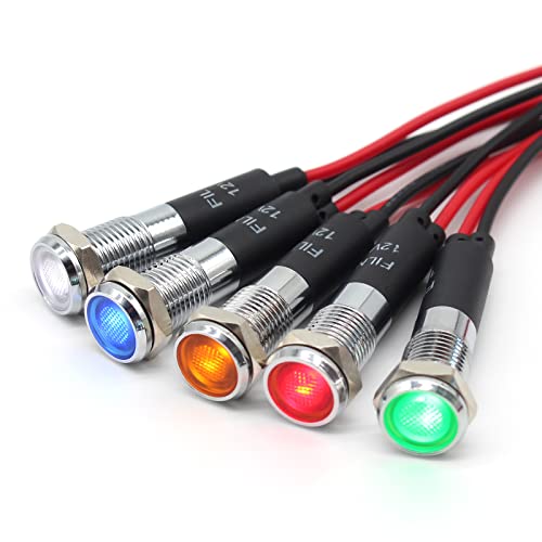 FILN 5 stücke 8mm (5/16 ") 12V LED kontrollleuchte wasserdichte pilot signallampe Meldeleuchte metalltafelleuchten(Messing vernickelt,rot1stück+Grün1stück+Gelb1stück+Blau1stück+Weiß1stück) von FILN