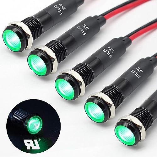 FILN 5 stücke 8mm (5/16 ") 220V LED kontrollleuchte wasserdichte pilot signallampe Meldeleuchte metalltafelleuchten(220V-Schwarz eloxiert,Grün-5stück) von FILN