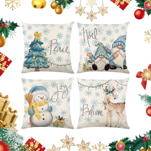 FILOEEX Weihnachten Weihnachtsmann Kissenbezug 45x45cm Leinen Sofa Throw Kissenbezug 4 Stück Kissenbezug Weihnachten Kissenhülle Weihnachten Dekoration für Weihnachtsdeko Bettwäsche Sofa (BLAU) von FILOEEX