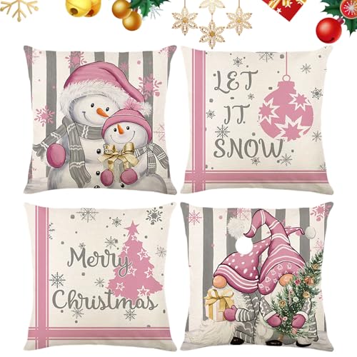 FILOEEX Weihnachten Weihnachtsmann Kissenbezug 45x45cm Leinen Sofa Throw Kissenbezug 4 Stück Kissenbezug Weihnachten Kissenhülle Weihnachten Dekoration für Weihnachtsdeko Bettwäsche Sofa (Rosa) von FILOEEX