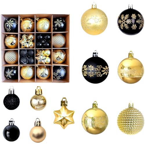 FILOEEX Weihnachtskugeln Schwarz Gold,44 Stück Christbaumkugeln Kunststoff mit Aufhängen,6/3cm Weihnachtskugeln Kunststoff Set für Weihnachtsbaumdekoration,Urlaubs,Hochzeits,Partydeko von FILOEEX