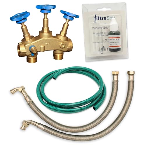 ALFILTRA FiltraSoft Anschluss-Set 1" für Pura & Basic Modelle Enthärtungsanlage – Messing-Anschlussblock mit Bypass, 2 Edelstahl-Flexschläuche 750 mm, 3 m Abwasserschlauch, Wasserhärte-Testset ALFILTRA FiltraSoft Anschluss-Set 1" für Pura & Basic Modelle Enthärtungsanlage – Messing-Anschlussblock mit Bypass, 2 Edelstahl-Flexschläuche 750 mm, 3 m Abwasserschlauch, Wasserhärte-Testset von FILTRASOFT