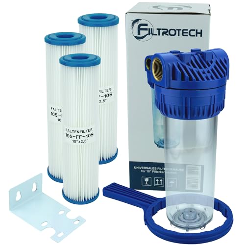 FILTROTECH Wasserfilter 10" Anschluss 1" für Hauswasserwerk GartenPumpe Vorfilter Nachfilter mit 3X Filtereinsatz von FILTROTECH