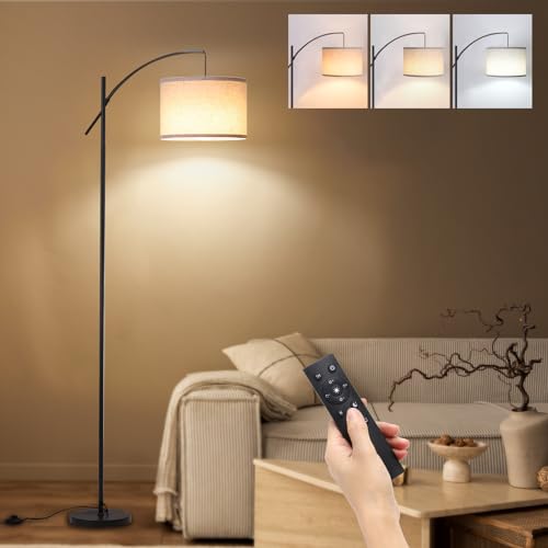 FIMEI Bogen-Stehlampe fürs Wohnzimmer, 187.4cm, dimmbare LED, stufenlos einstellbare Farbtemperatur, hohe Stehleuchte mit Trommelschirm, Fernbedienung, 9W LED-Birne, ideal für Lesen, Schlafzimmer von FIMEI