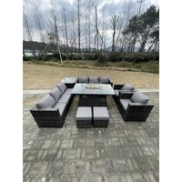 10 Sitzer Outdoor Lounge Rattan Gartensofa Set Gartenmöbel Gas Feuerstelle Tisch Set Esstisch mit Stuhl Couchtisch Hocker Dunkelgrau Gemischt - Fimous von FIMOUS