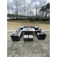 10 Sitzer Outdoor Rattan Gartensofa Set Gartenmöbel Gas Feuerstelle Tisch Set Esstisch mit Hockern Dunkelgrau Gemischt - Fimous von FIMOUS