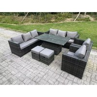 10-Sitzer Wicker pe Gartenmöbel Rattan Sofa Set im Freien Einstellbare aufsteigende Esstisch Set mit 2 Sesseln 2 Hocker Dunkelgrau gemischt - Fimous von FIMOUS