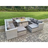 11-Sitzer Polyrattan Gartenmöbel Set mit 2 Sofa, Gas Feuertisch und Sessel ,2 Großer Hocker, 2 Beistelltisch Outdoor Terrassen Essgruppe Helles Grau von FIMOUS