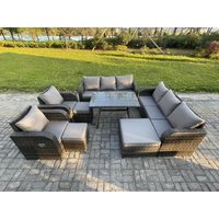 11-Sitzer Rattan Gartenmöbel Sofa Set Tisch & Stühle Set mit 3-Sitzer Sofa Rechteckiger Esstisch 3 Hockern Dunkelgrau Gemischt - Fimous von FIMOUS