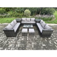 11Seater Outdoor Lounge Sofa Set Wicker pe Rattan Gartenmöbel Set mit Länglichem Couchtisch 2 Beistelltische 2 Kleine Hocker Dunkelgrau Gemischt von FIMOUS