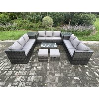 11Seater Outdoor Lounge Sofa Set Wicker pe Rattan Gartenmöbel Set mit Länglichem Couchtisch 2 Beistelltische 2 Kleine Hocker Dunkelgrau Gemischt von FIMOUS