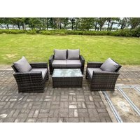 4-Sitzer Dunkelgrau Gemischt Hoher Rücken Rattan Sofa Set Rechteckig Couchtisch Gartenmöbel Sitzgruppe - Fimous von FIMOUS