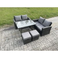 Fimous - 6-Sitzer Polyrattan Garten Esstisch Set Gartenmöbel Sofa mit Rechteckiger Esstisch Doppelsitz Sofa 2 kleine Fußhockern Dunkelgrau Gemischt von FIMOUS