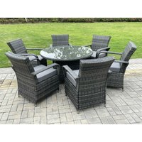 6-Sitzer Rattan Gartenmöbel Set Polyrattan Essgruppe Gartenlounge Wetterfest Stühle Runde Tische mit Glas für Rasen, Terrasse,Dunkelgrau Gemischt(6 von FIMOUS