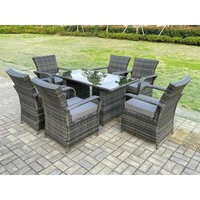 6-Sitzer Rattan Gartenmöbel Set Polyrattan Essgruppe Gartenlounge Wetterfest Stühle Runde Tische mit Glas für Rasen, Terrasse,Dunkelgrau Gemischt(6 von FIMOUS